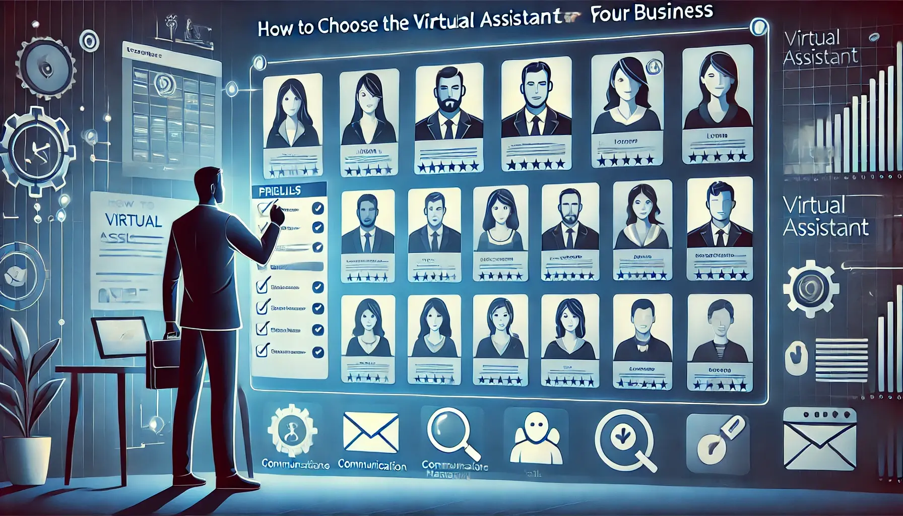 Virtual assistant selection and hiring process illustration
